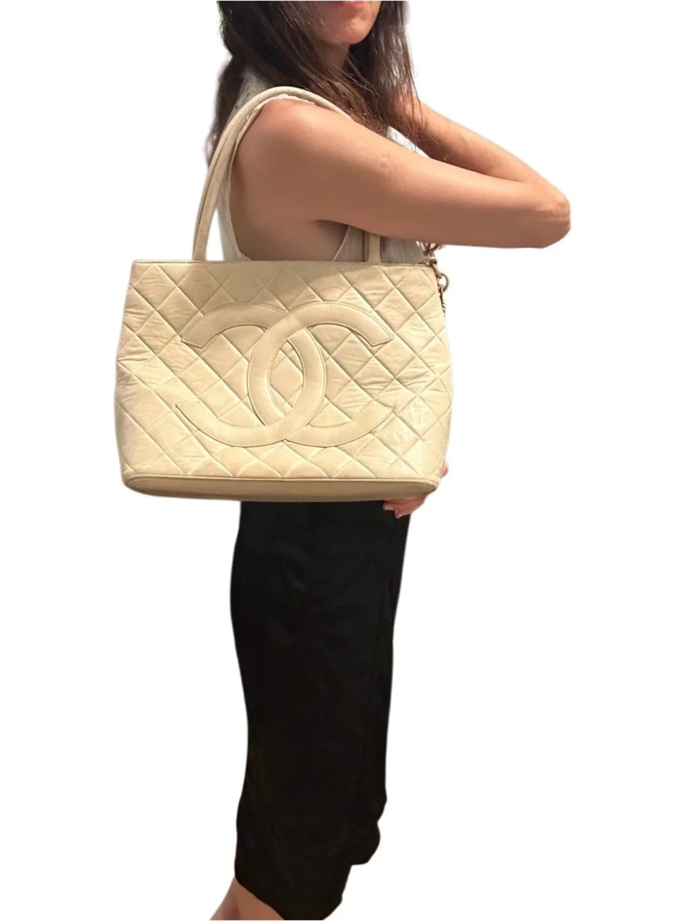 CHANEL Medallion Quilted CC Leather Shoulder Tote in Light Beige